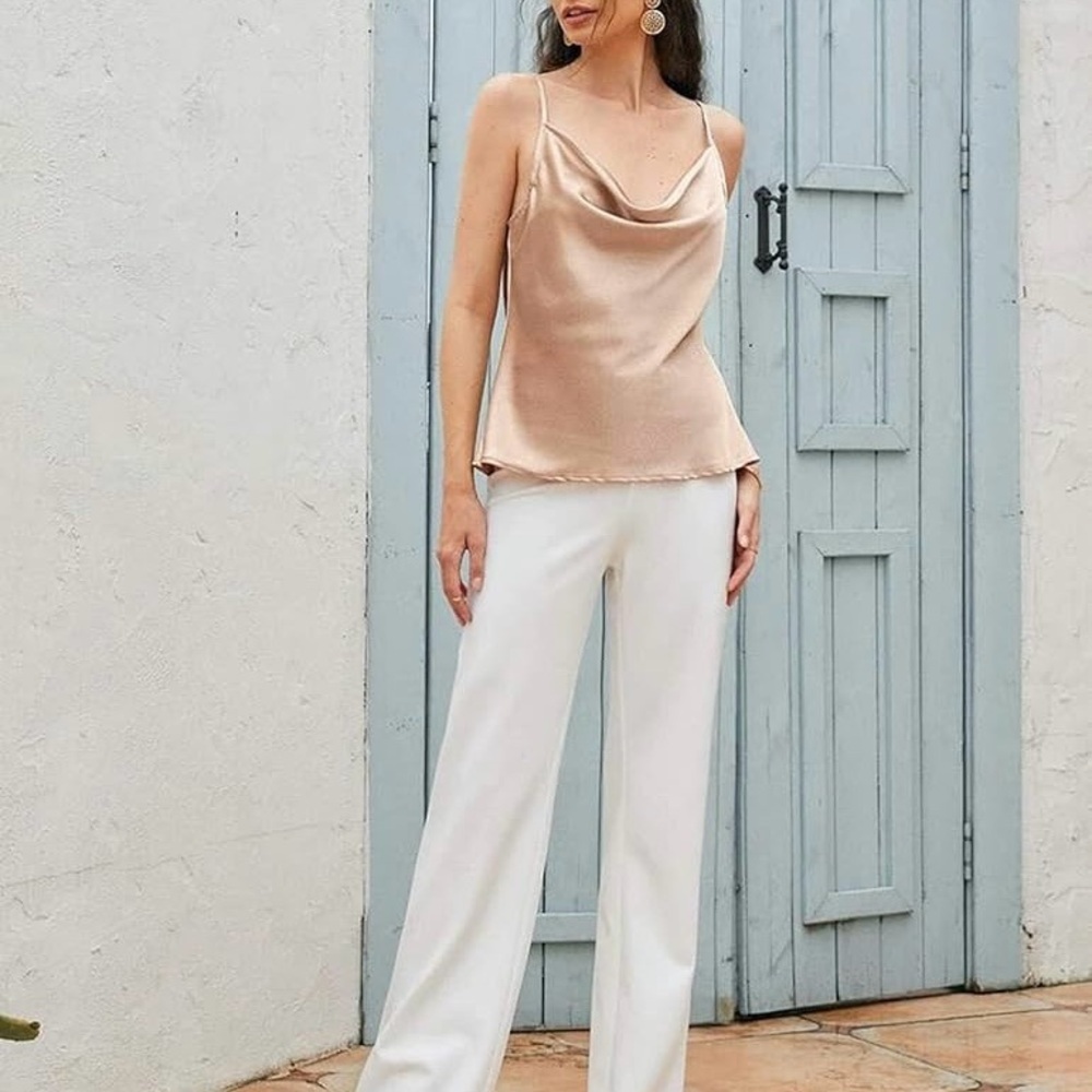 Ekouaer Champagne NWT Satin Coquette Cami Size S Strappy Back Silky Blouse - Picture 2 of 9